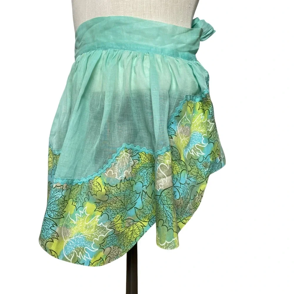 Vintage Half Apron Hostess Scalloped Hem Women Leaf Sheer Retro 1950s Tie Bow‎